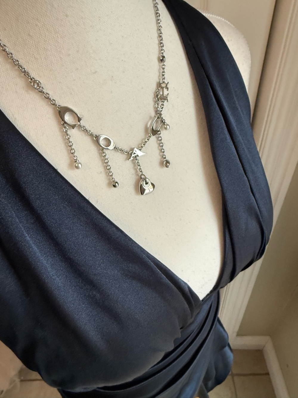 Morgan & Co. Navy Satin Halter Asymmetrical Ruffle Dress - Picture 4 of 14